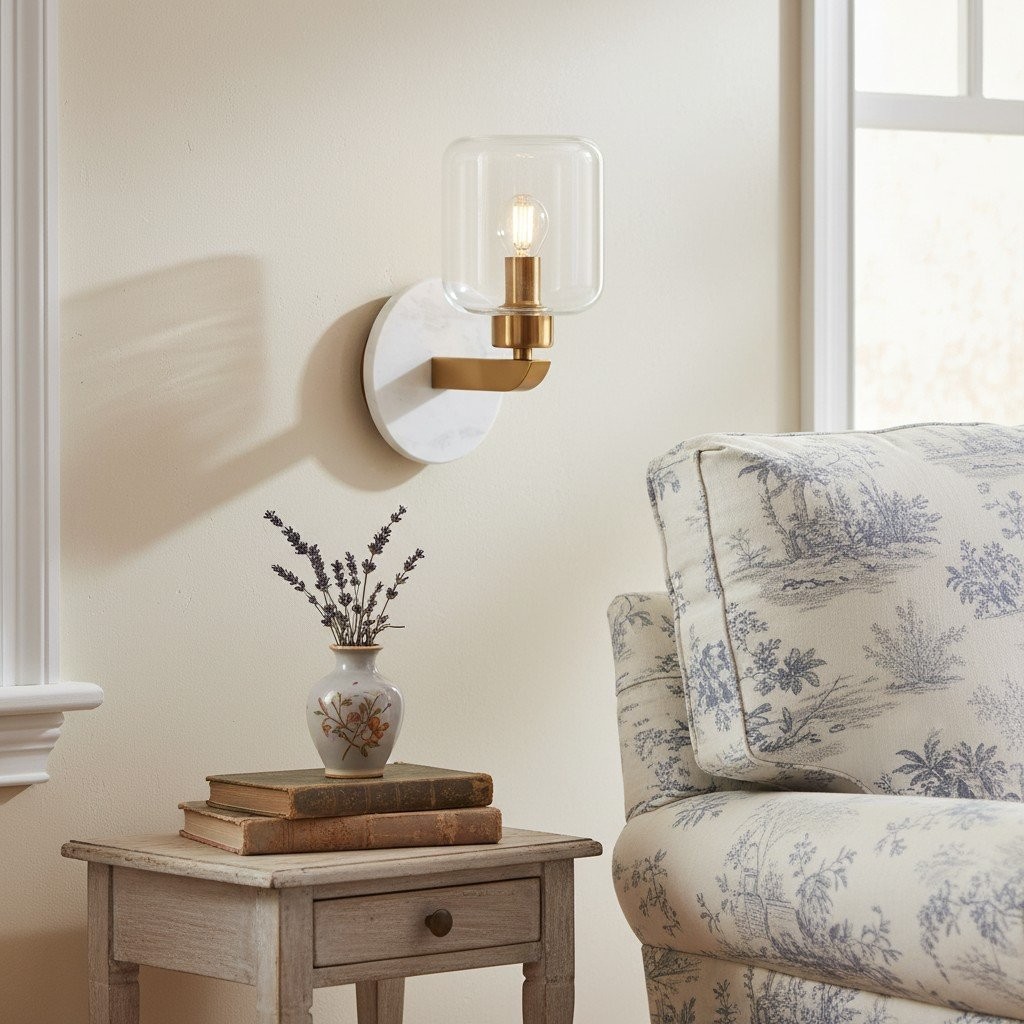 Korlisse Modern Marble Wall Light - Vintage Brass & Clear Glass Accent for Living Room and Hallway K1918