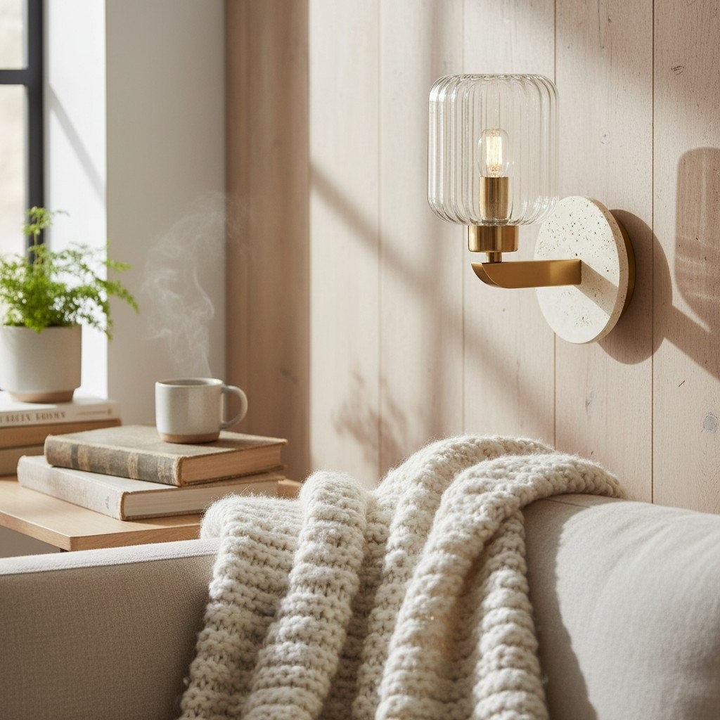 Korlisse Modern Marble Wall Light - Vintage Brass & Clear Glass Accent for Living Room and Hallway K1918