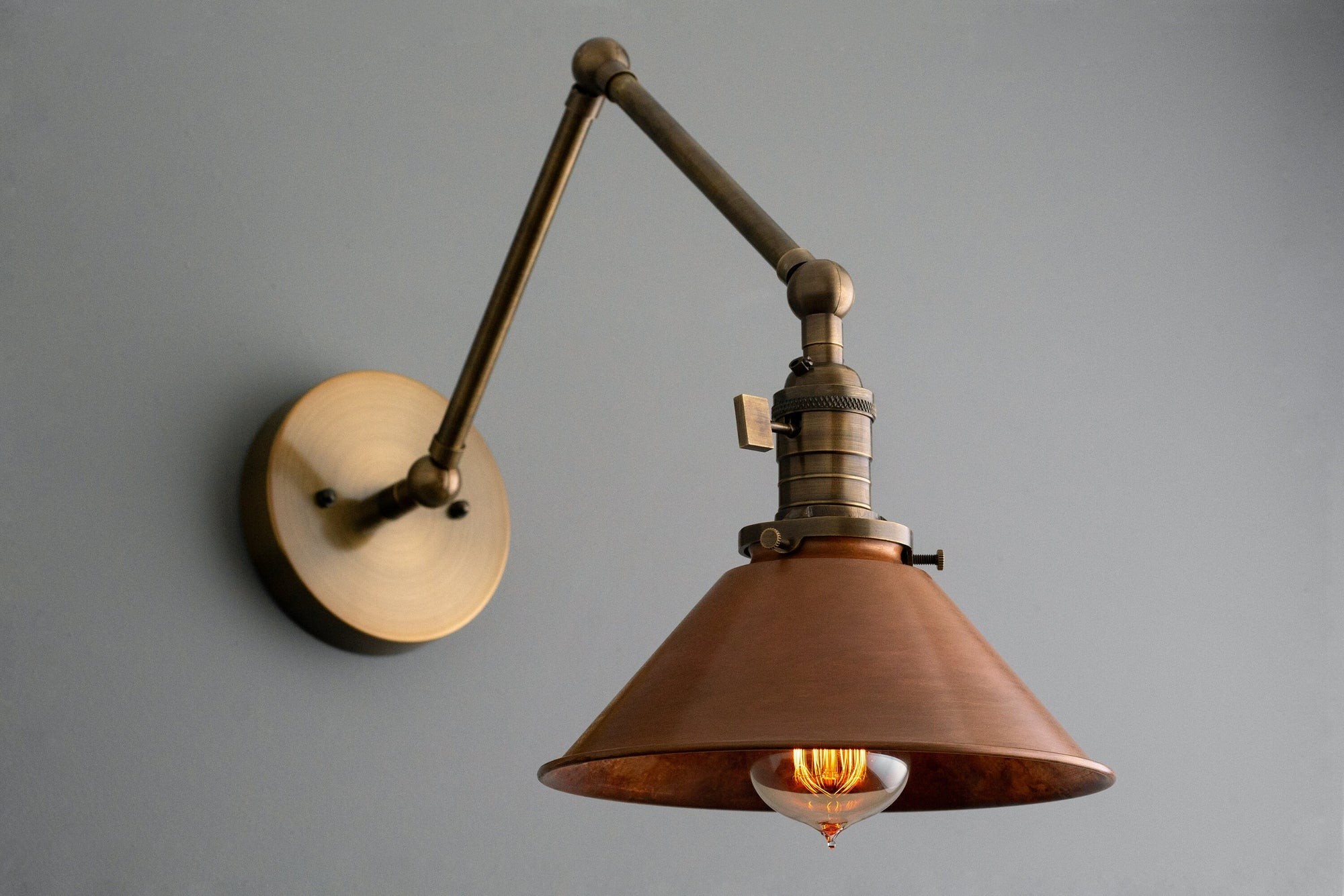 Conique Metal Industrial Wall Sconce with Adjustable Arm - Vintage Copper Cone Shade for Task Lighting K1547