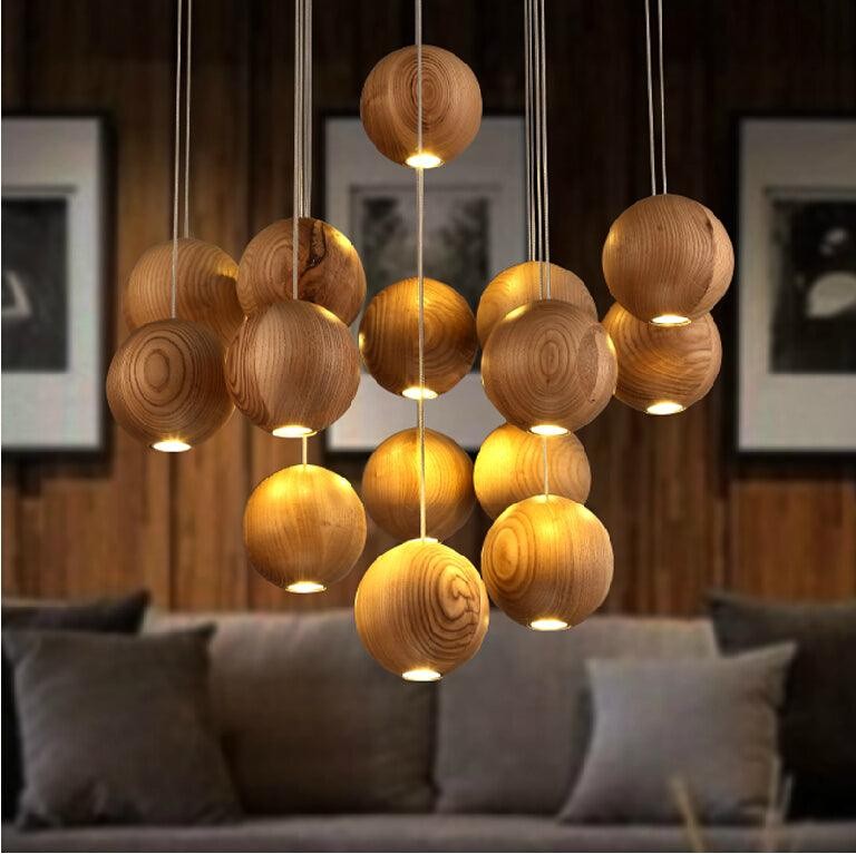Wooden Orb Sphere Cluster Pendant Light K886