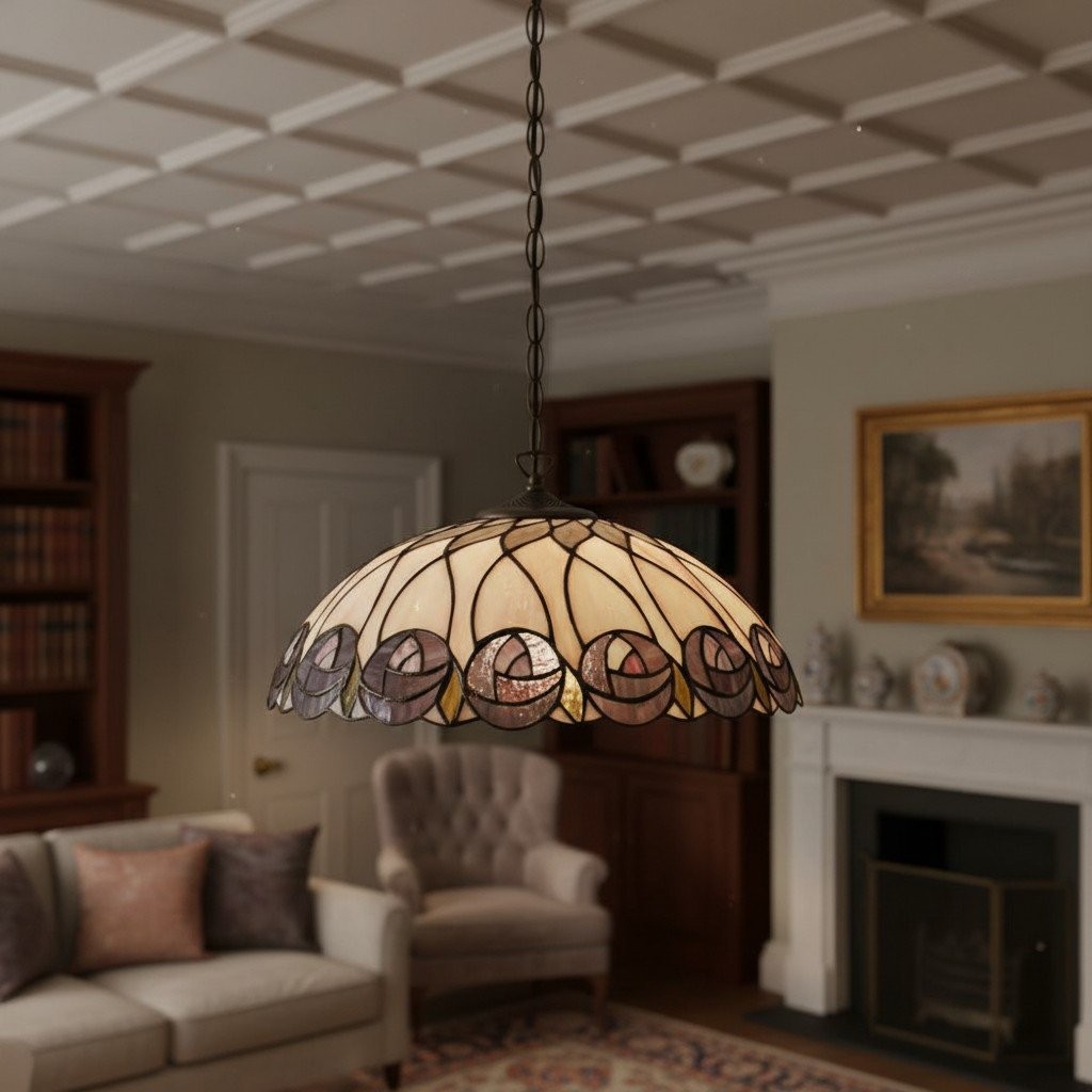 TF Hutchinson Tiffany Glass Pendant Light with Artistic Mosaic Design for Dining and Living Spaces K1924