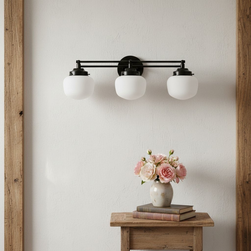 Opalume Glass Art Deco Vanity Light - Bathroom Wall Sconce with White Glass Shades K1431
