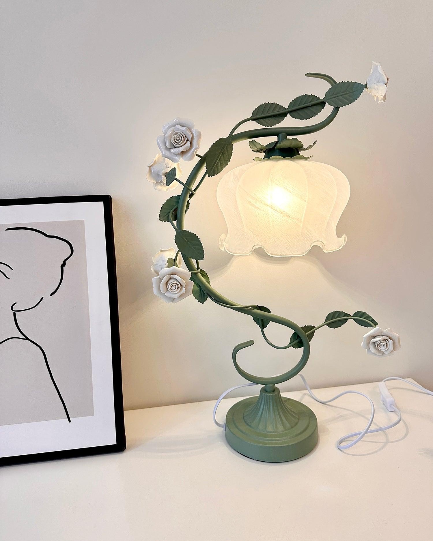 Green Pink White Rose Flower Table Lamp K640