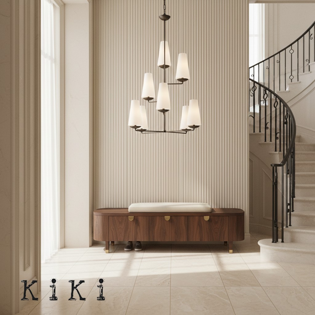 VertiFount Vertical Cascading Chandelier - Multi-Level Linen Shades For Stairwells & Vaulted Ceilings K1199