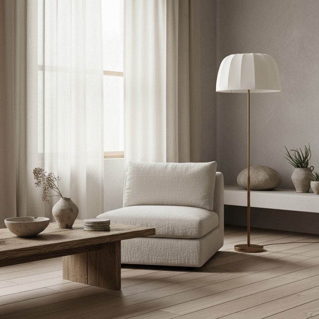 Vellaro Brass Floor Lamp with Fabric Shade - Modern Standing Light for Living Room or Bedroom K1642