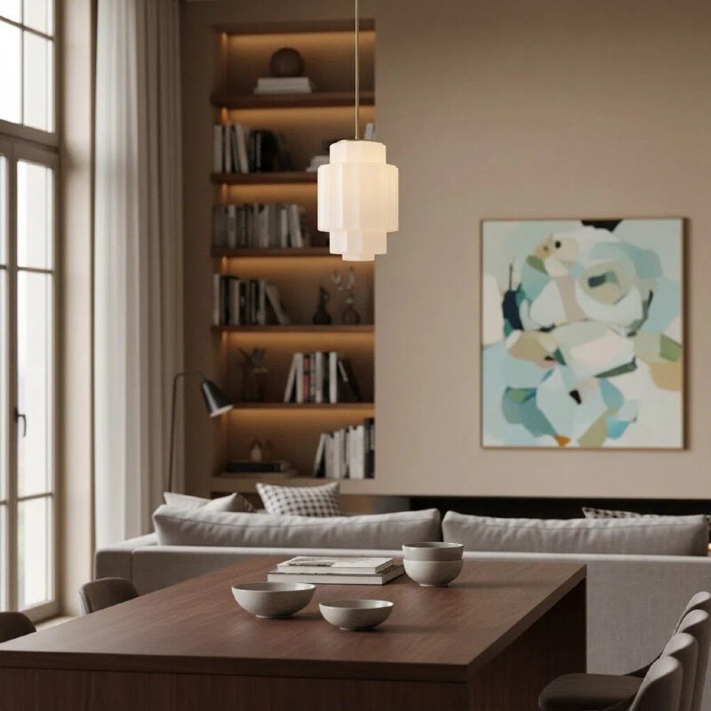 Vexrona Glass Shade Pendant Light - Modern Adjustable Rod Hanging Lamp for Living Room K1708