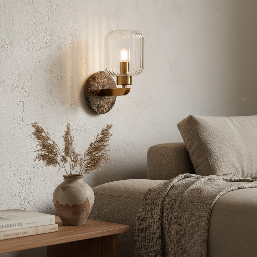 Korlisse Modern Marble Wall Light - Vintage Brass & Clear Glass Accent for Living Room and Hallway K1918