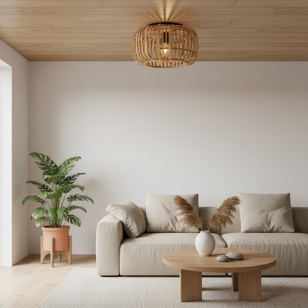 Yumeko Natural Bamboo Flush Ceiling Light - Organic Cage Design Sustainable for Living Room K1946