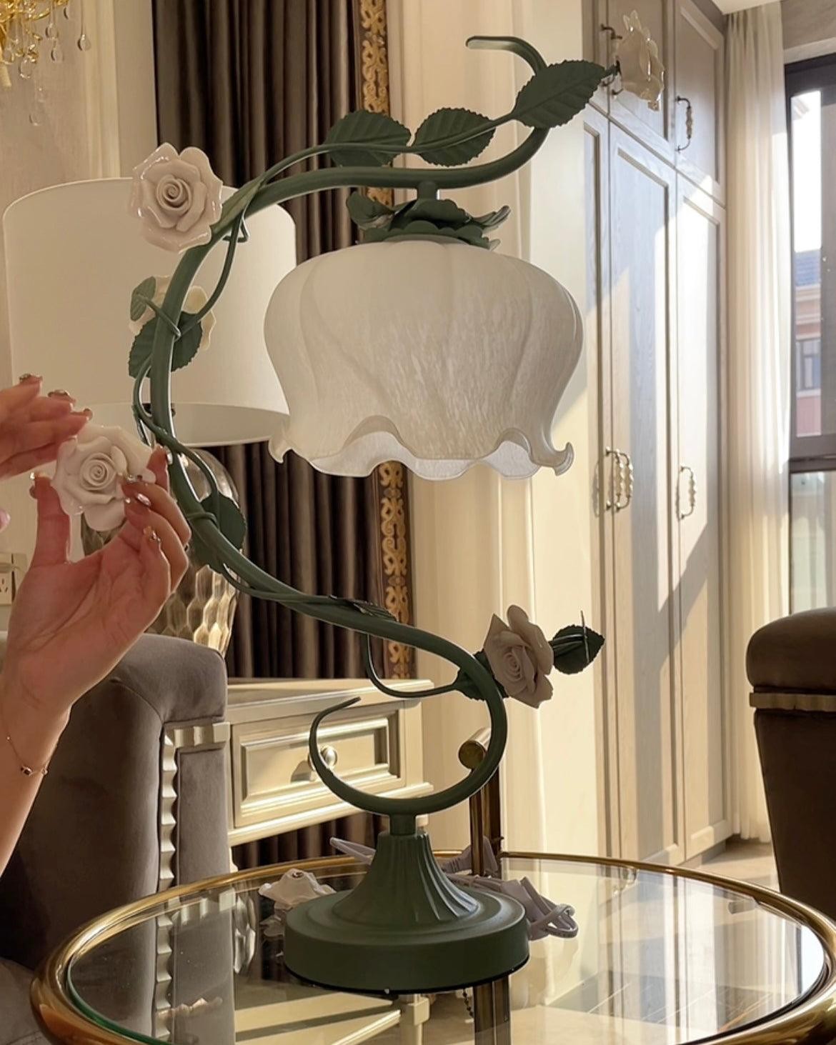 Green Pink White Rose Flower Table Lamp K640