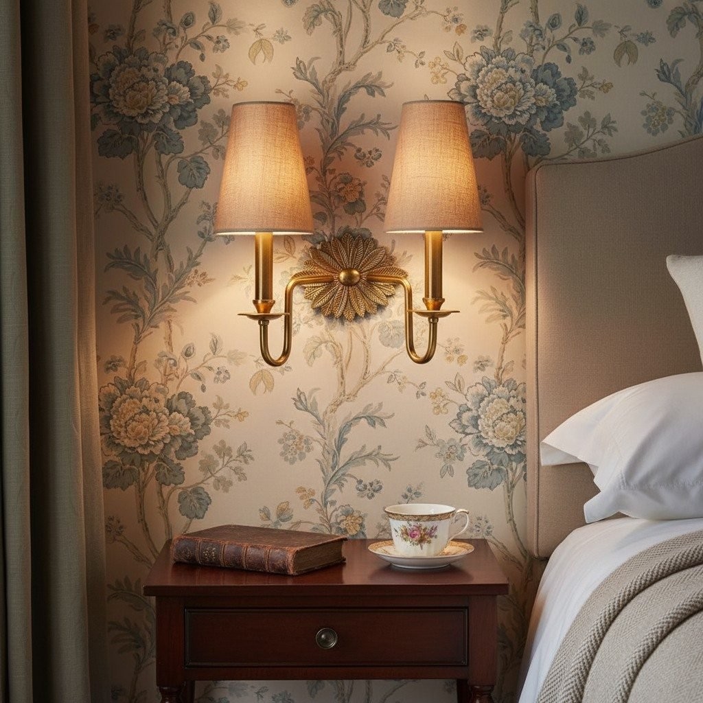 Duova Double Sconce - Antique Brass Metal and Linen Shades for Bedroom or Study K1663