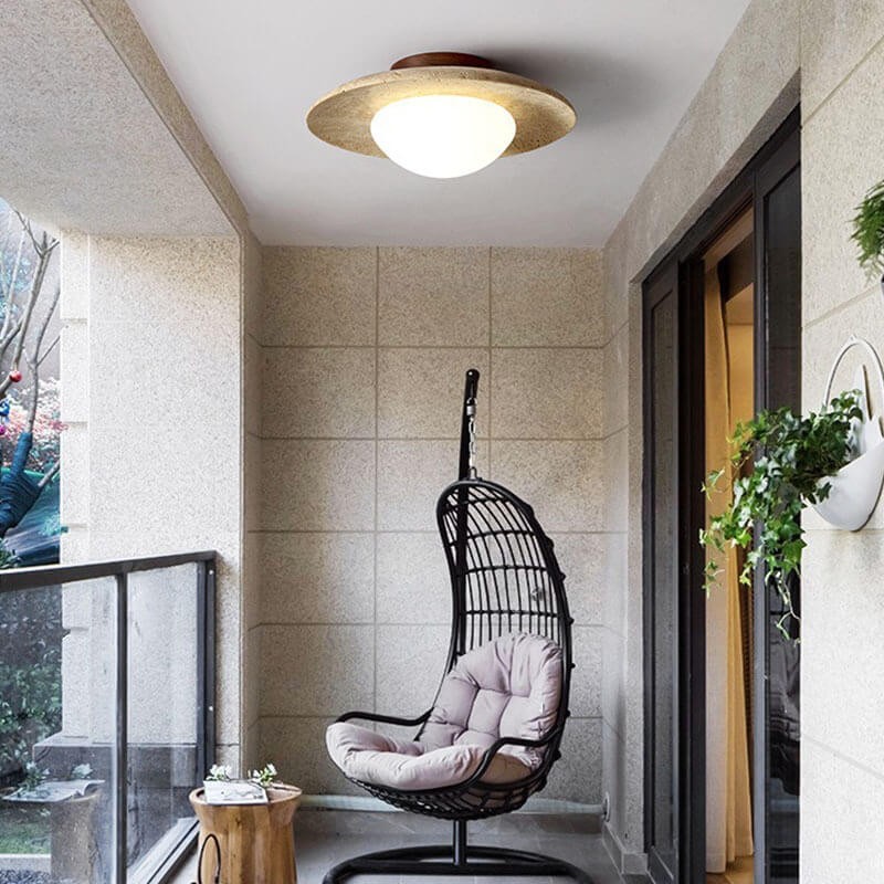 Japanese Minimalist Round Yellow Travertine Shade 1-Light Semi-Flush Mount Ceiling Light K844
