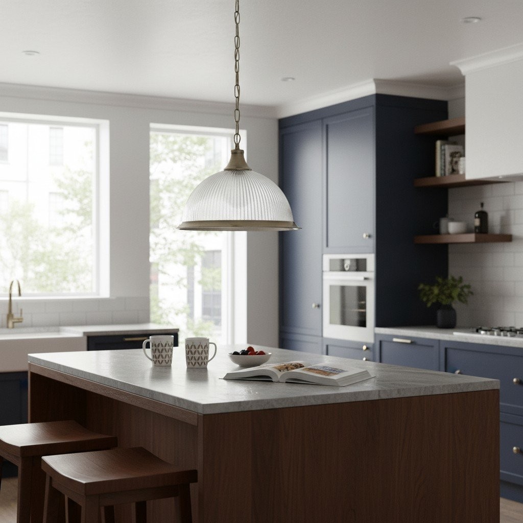 TF Vintora Ribbed Glass Pendant Light - Elegant Metal Trim for Kitchens, Dining Areas and Hallways K1994