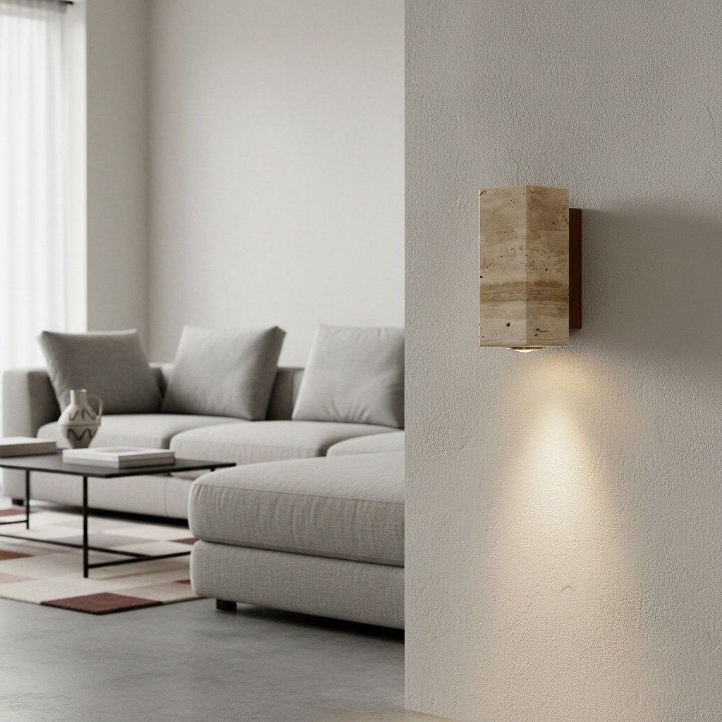 Slivara Natural Stone Backplate with Warm Amber Shade - Vintage Modern Slivara Wall Sconce for Living Room K2090