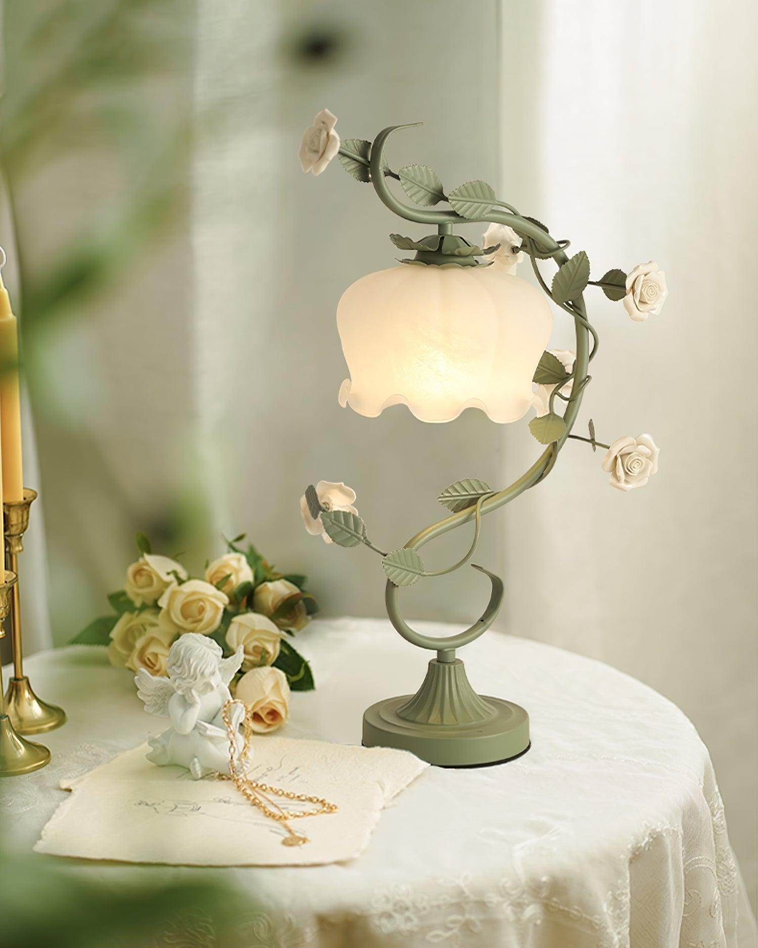 Green Pink White Rose Flower Table Lamp K640
