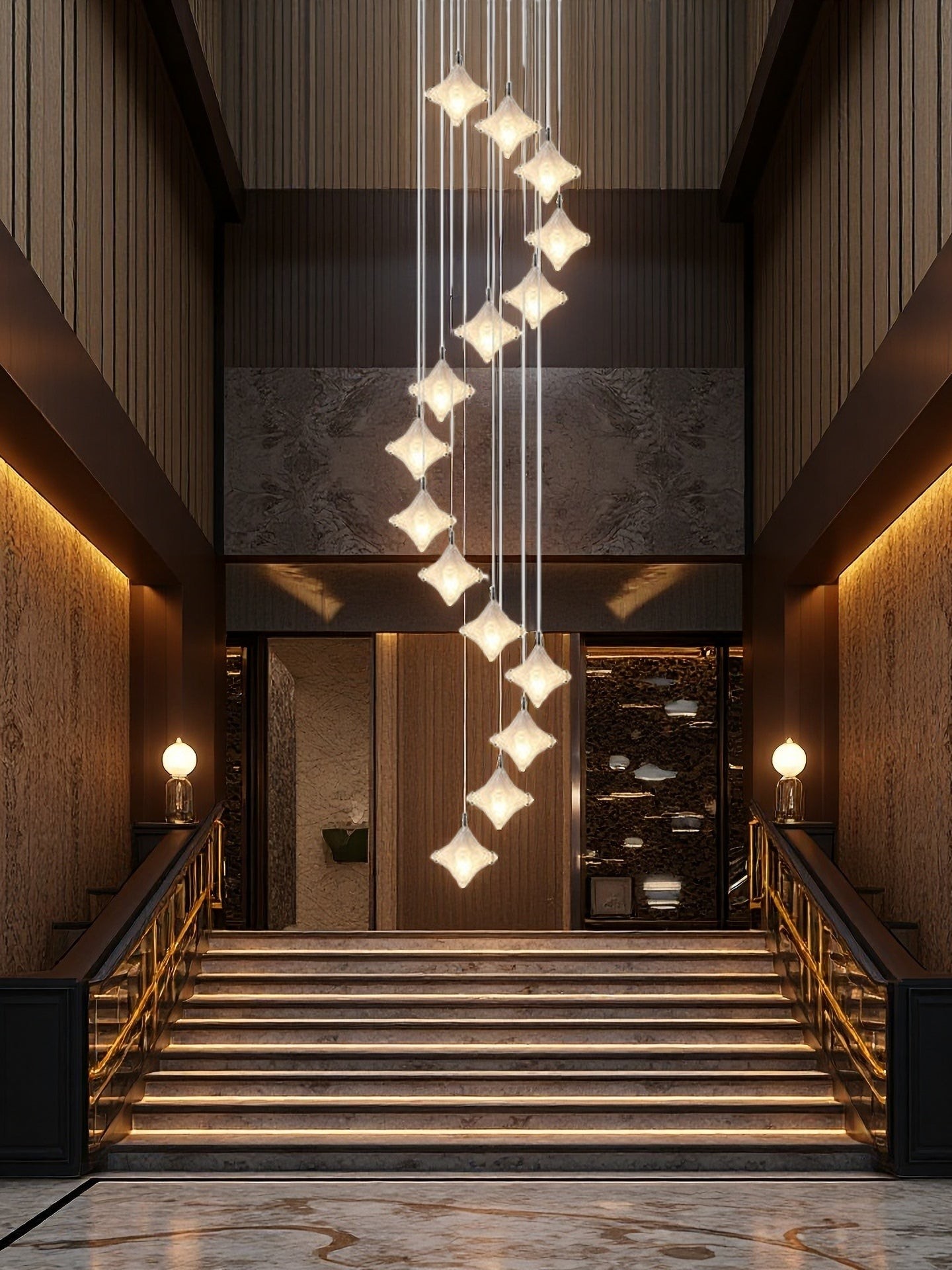 Art Deco Star Staircase Pendant Light - Frosted Glass Hanging Fixture - Astris Altair K1563