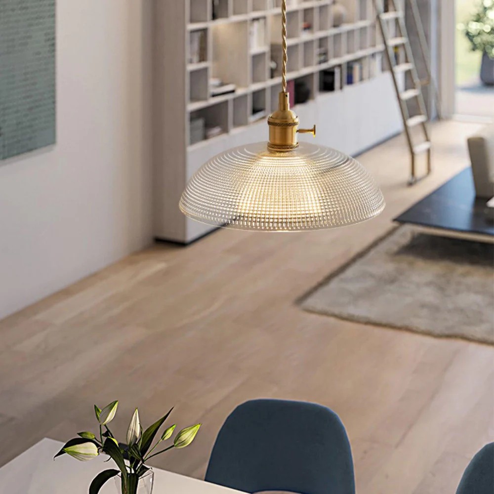 Retro Bowl Ribbed Brass Glass Pendant Light K94
