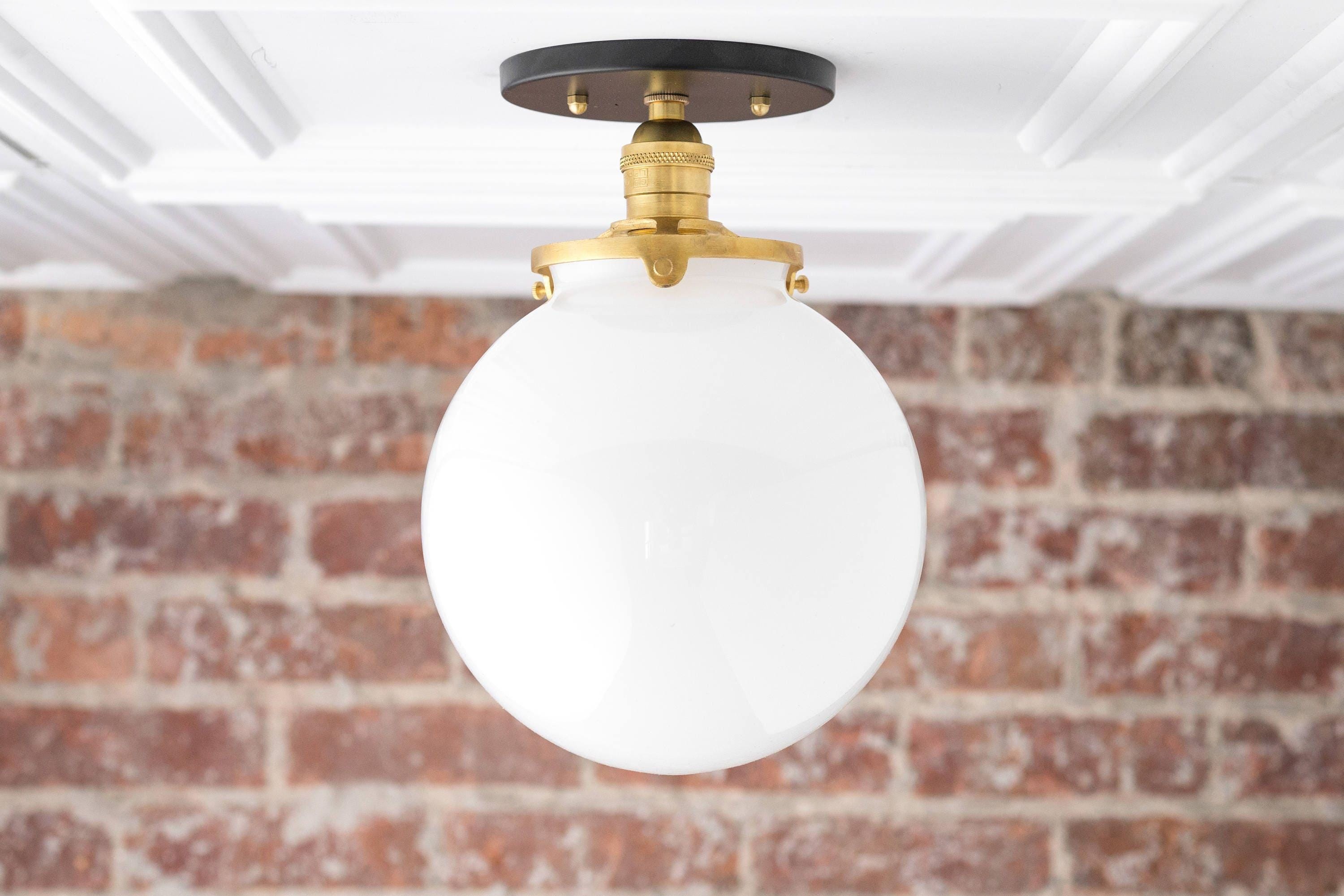 Glorica Glass Mid Century Semi Flush Ceiling Light - White Opal Glass Globe Fixture K1553