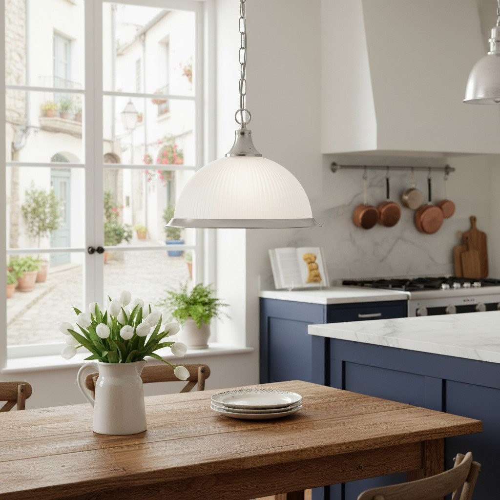 TF Vintora Ribbed Glass Pendant Light - Elegant Metal Trim for Kitchens, Dining Areas and Hallways K1994