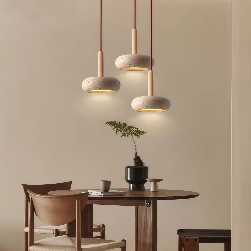 Traditional Japanese Round Wood Travertine Pendant Light K882