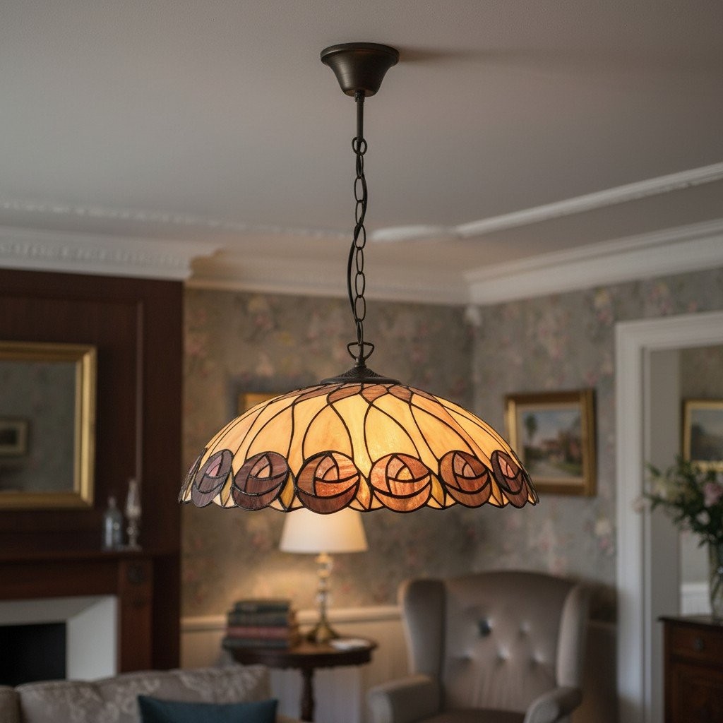 TF Hutchinson Tiffany Glass Pendant Light with Artistic Mosaic Design for Dining and Living Spaces K1924