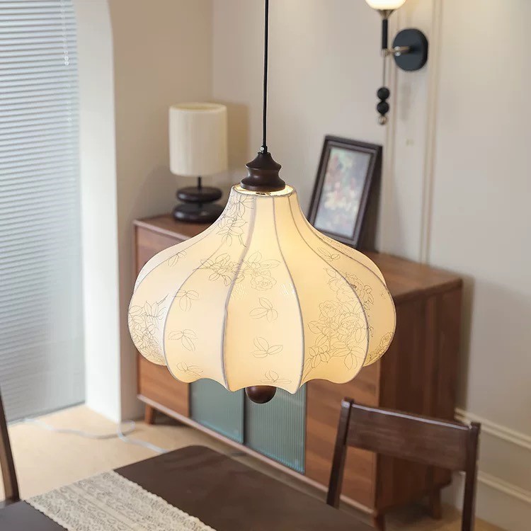 French Antique Chestnut Fabric Pendant Light K206