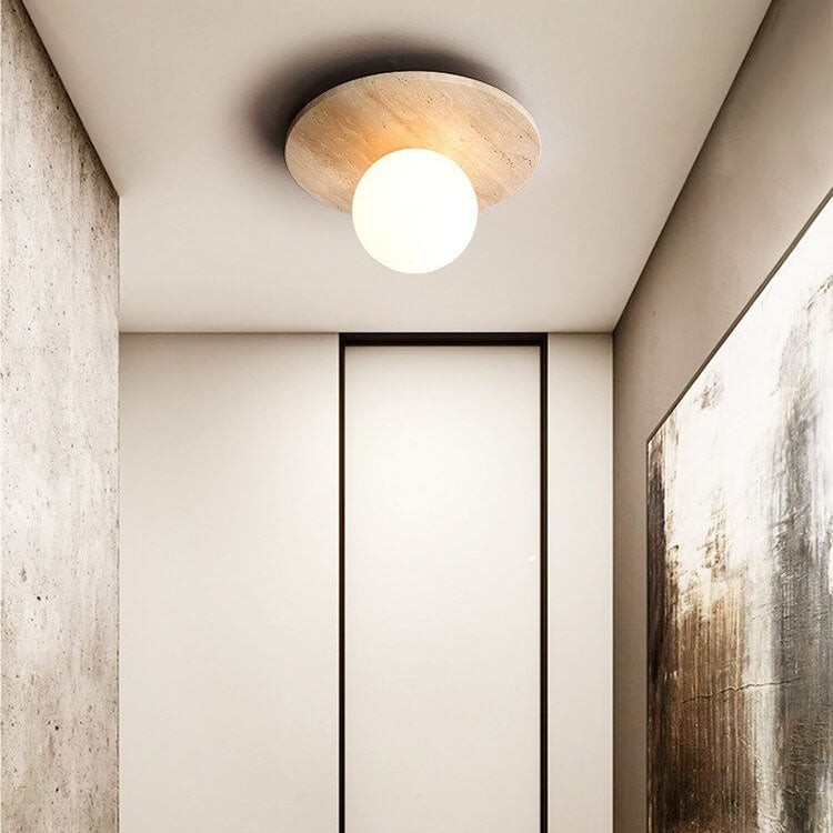 Japanese Minimalist Round Yellow Travertine Shade 1-Light Semi-Flush Mount Ceiling Light K844