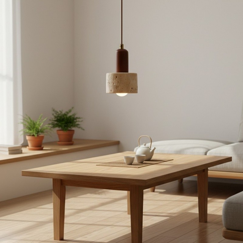 WabiLum Minimalist Japanese Travertine Wood Pendant Light - Elegant Home Lighting for Bedroom K2258