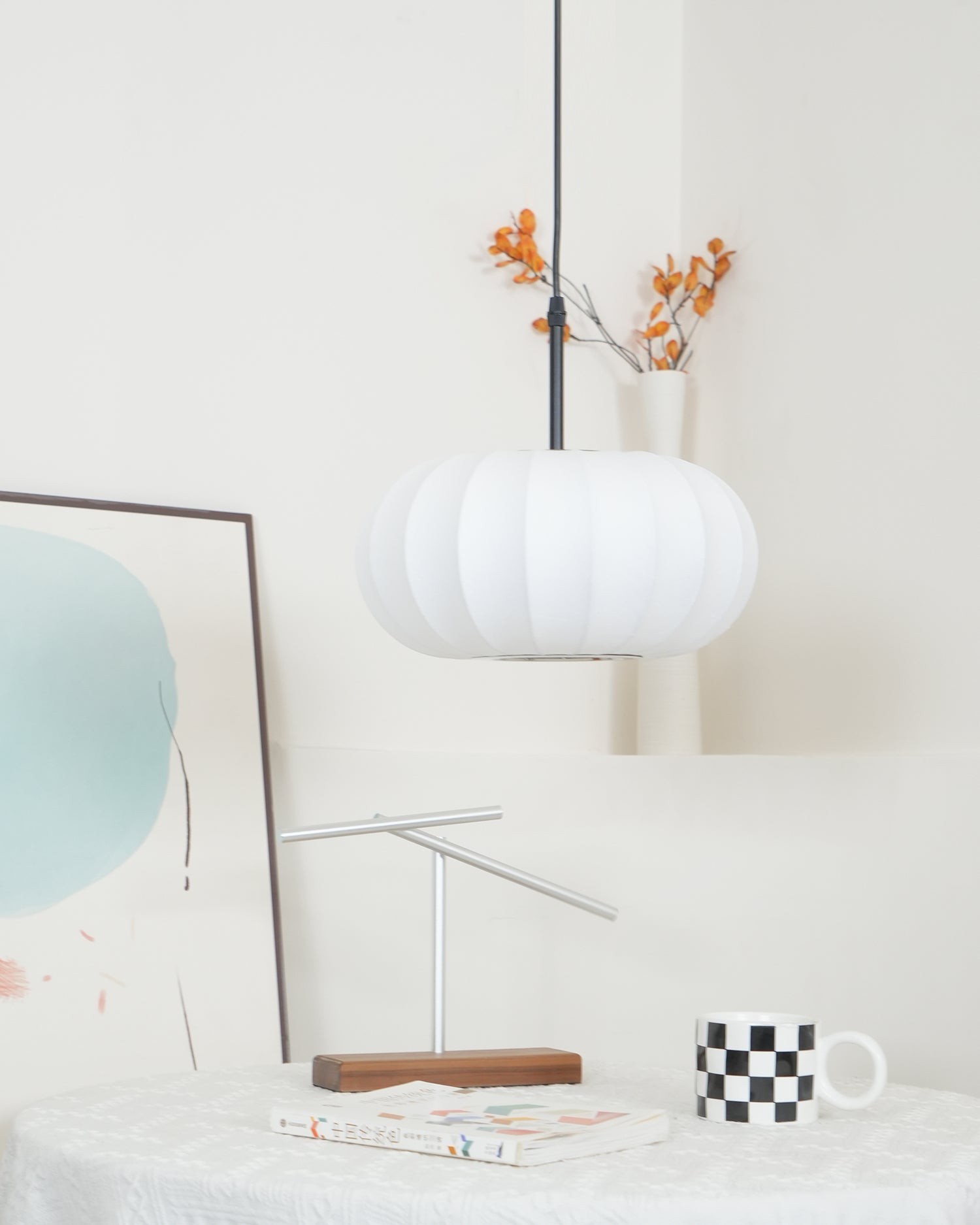 Simple Wabi-sabi White Lantern Fabric Pendant Lamp K744