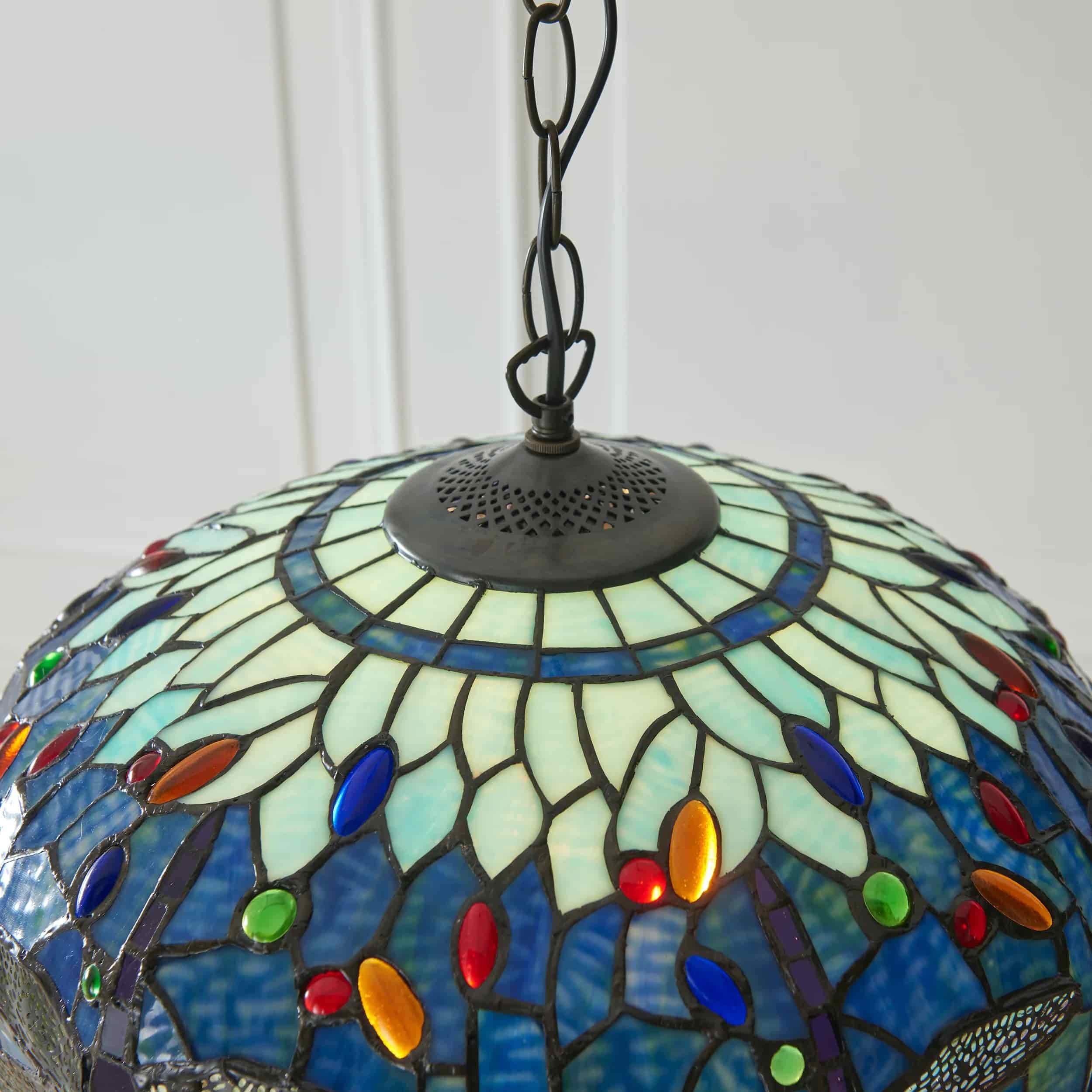TF Dragonfly Tiffany Pendant Light - Art Nouveau Stained Glass Pendant for Living K1816
