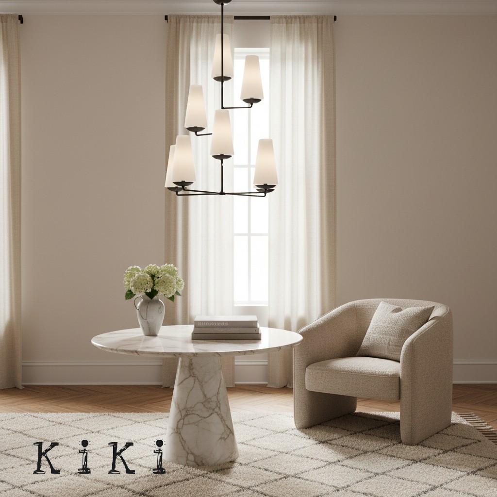 VertiFount Vertical Cascading Chandelier - Multi-Level Linen Shades For Stairwells & Vaulted Ceilings K1199