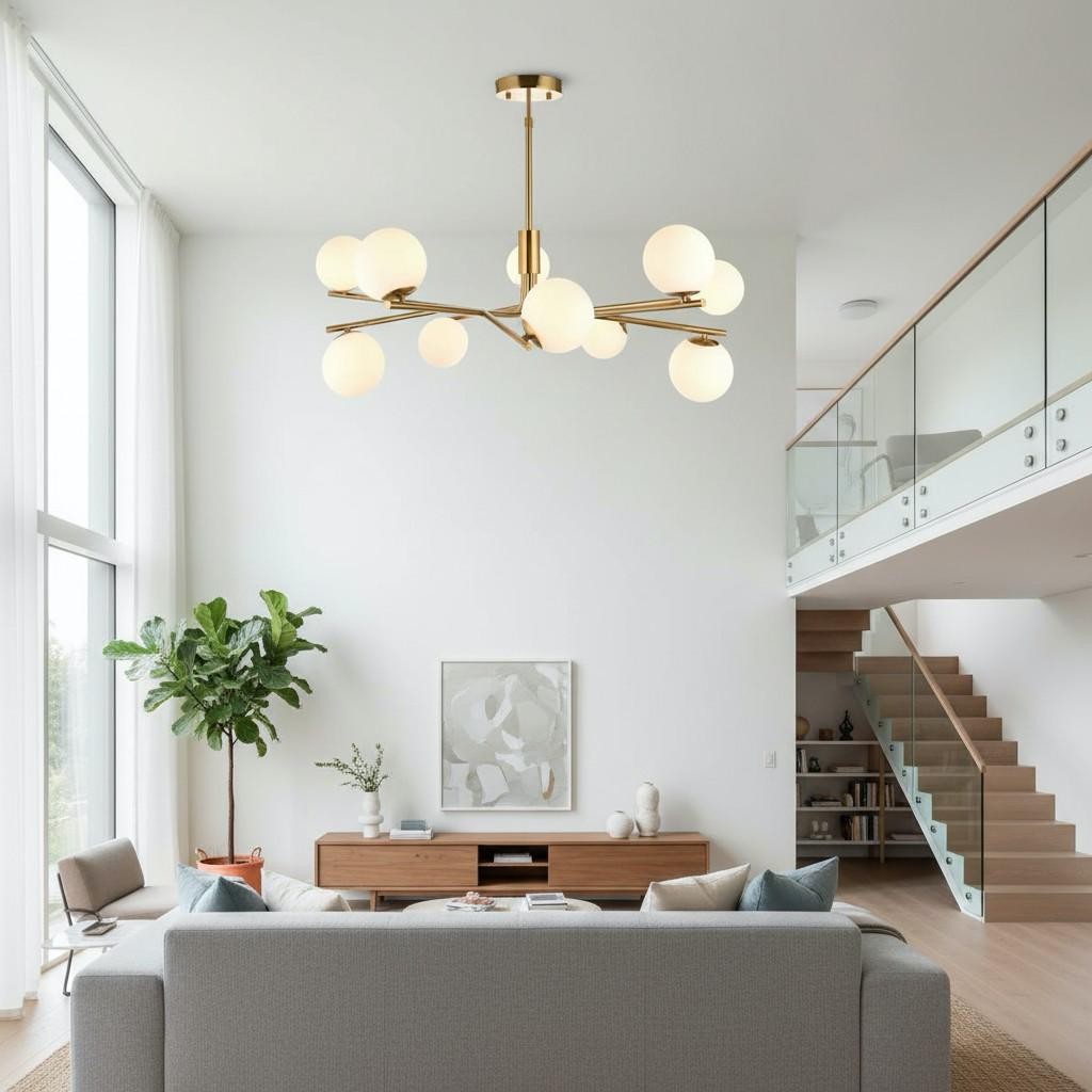 Tivara Mid-Century Modern 10-Light Pendant - Chandelier with Globe Shades for High Ceilings K1829