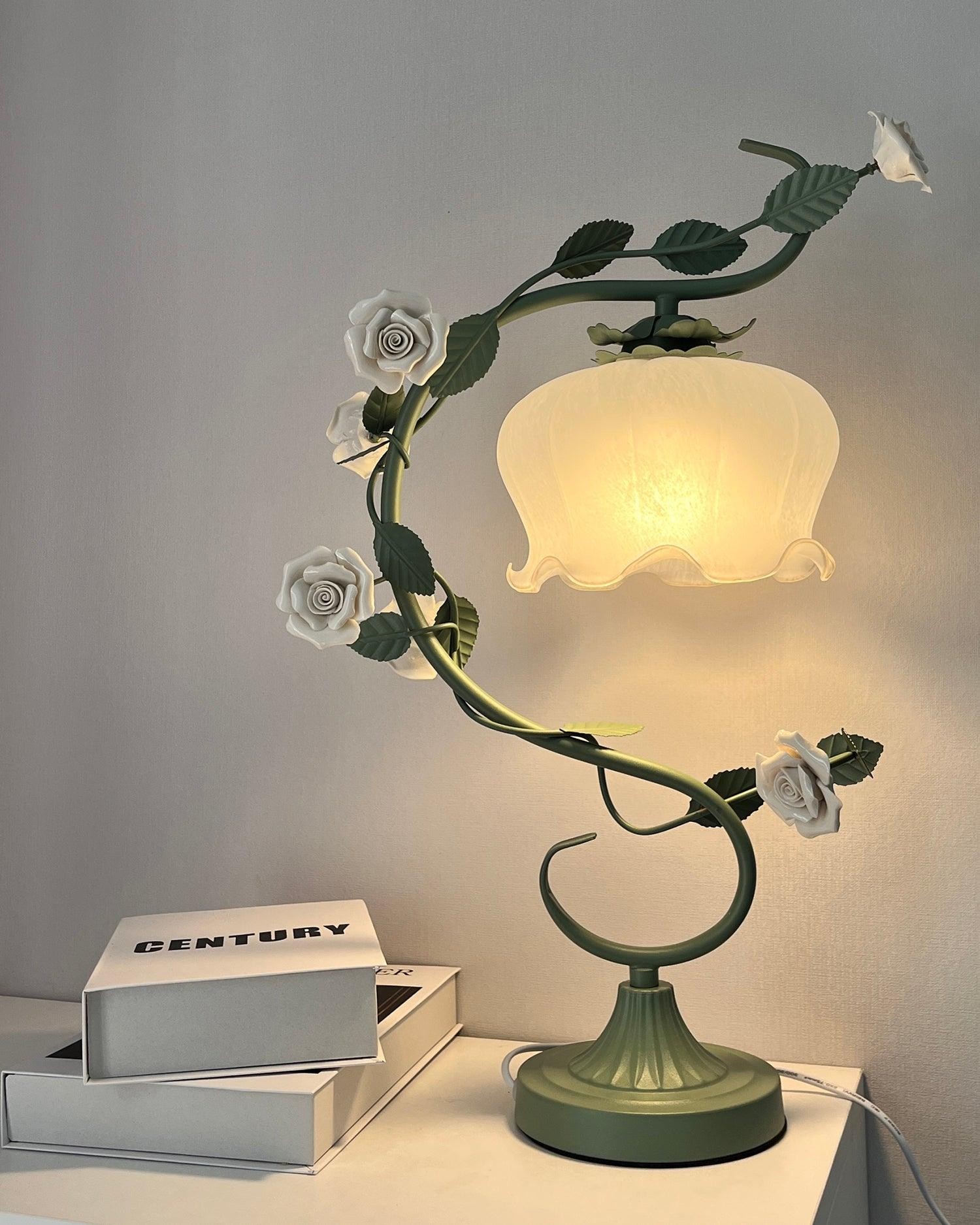 Green Pink White Rose Flower Table Lamp K640