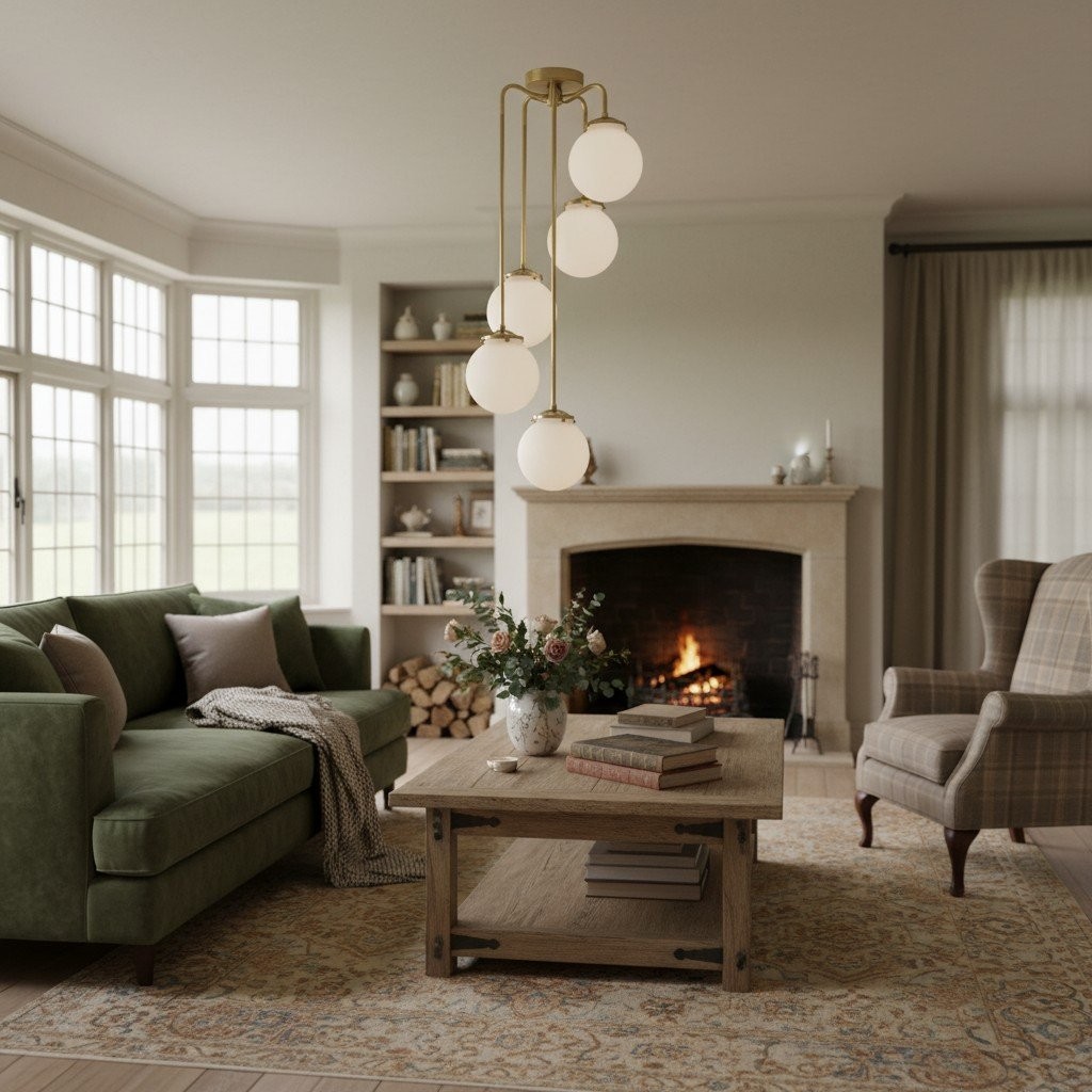 Glorica Glass 5 Globe Chandelier - Brass and Opal Glass Vintage Pendant Light K1455