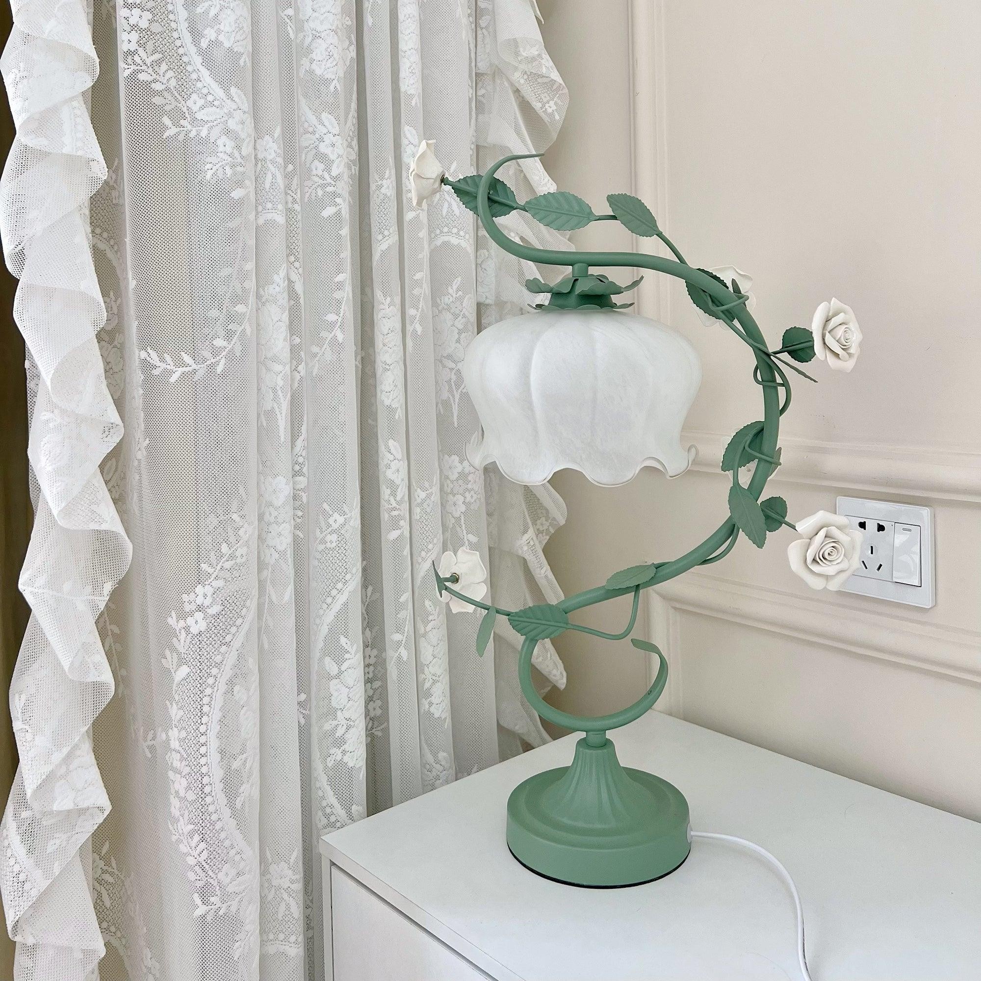 Green Pink White Rose Flower Table Lamp K640