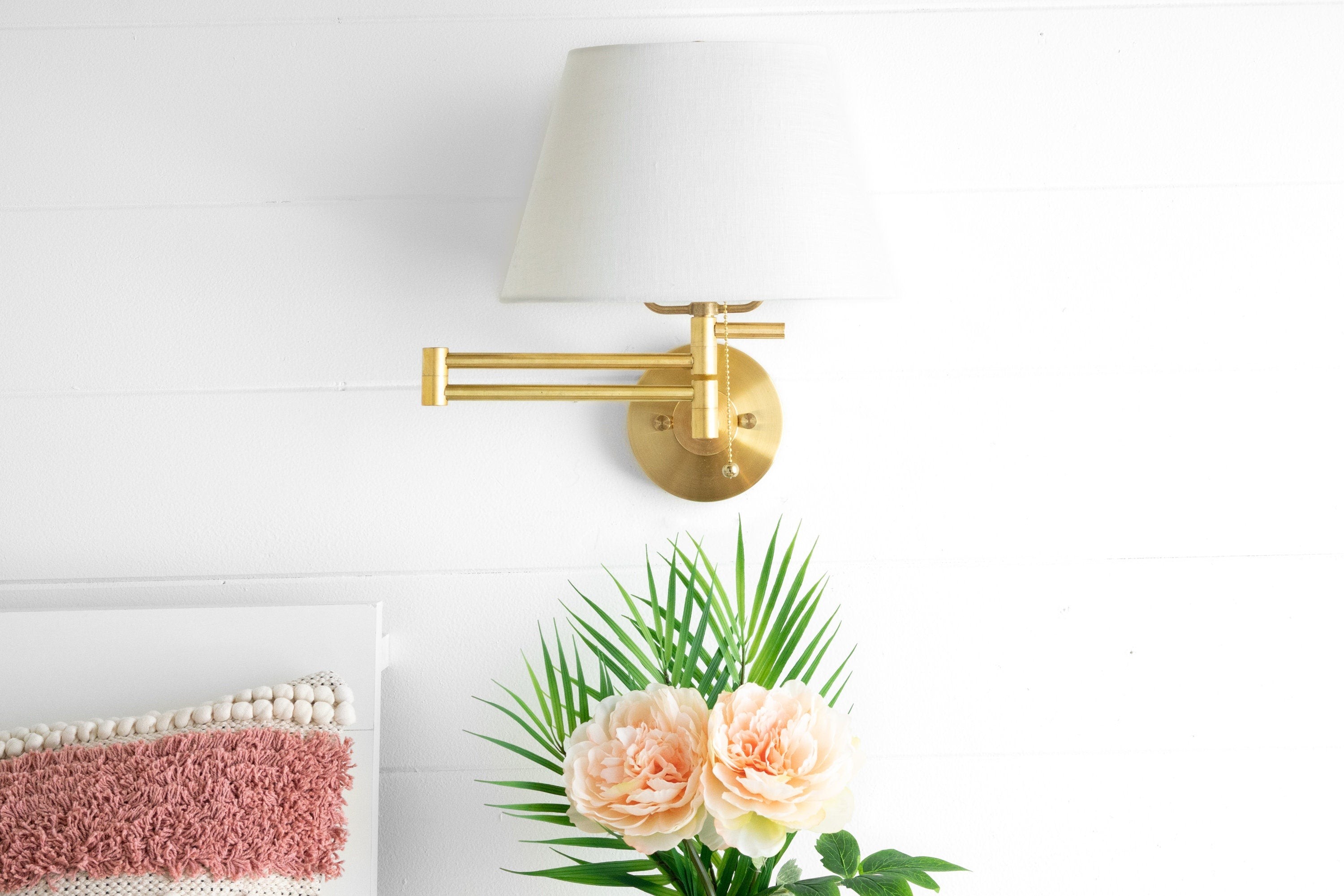 Ornato Luxe Brass Schoolhouse Sconce - Art Deco Wall Light with White Fabric Shade K1523