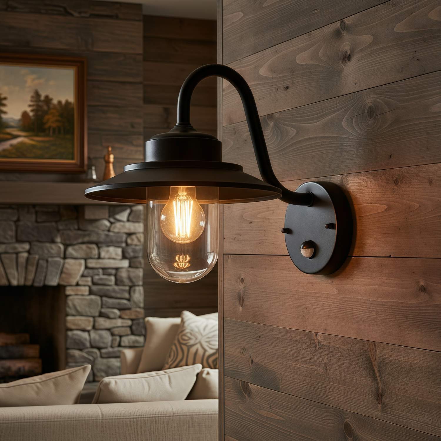Trevanta Arched Arm Design Wall Light - Black Painted Sensor Lantern Style K1867
