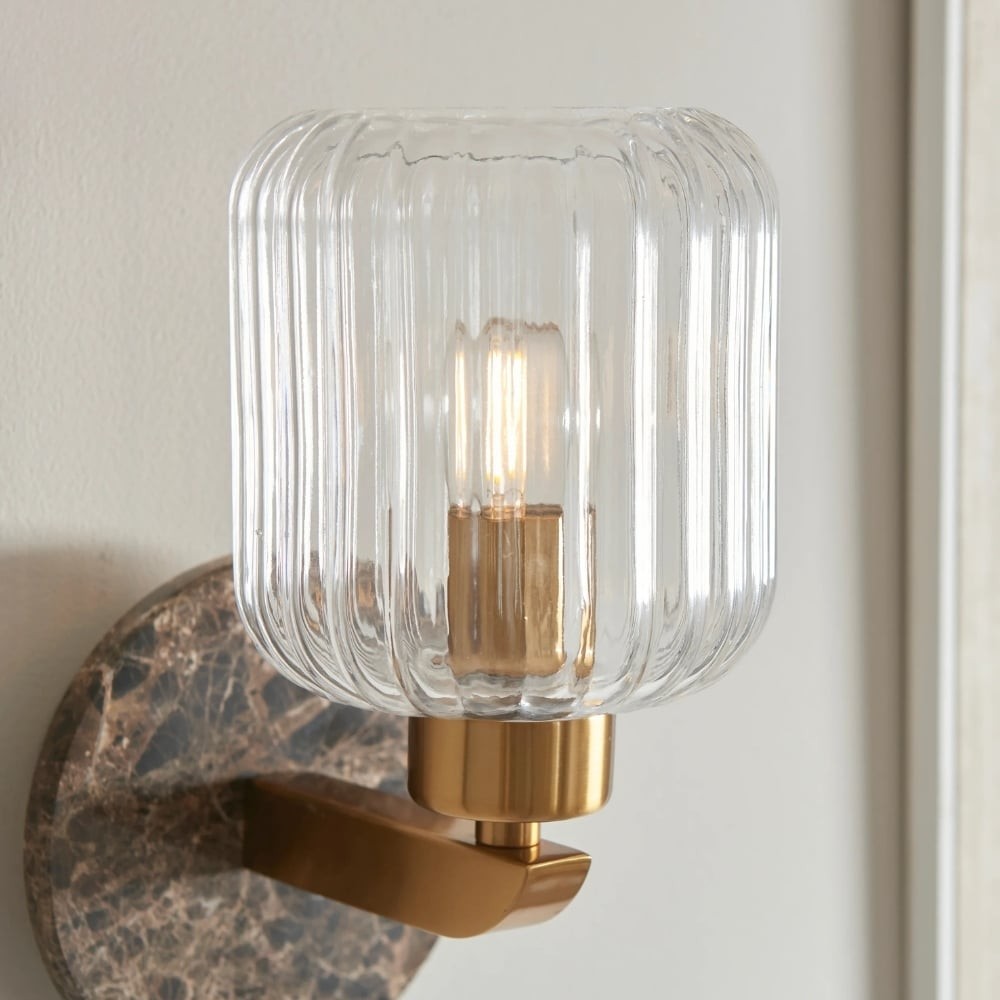 Korlisse Modern Marble Wall Light - Vintage Brass & Clear Glass Accent for Living Room and Hallway K1918