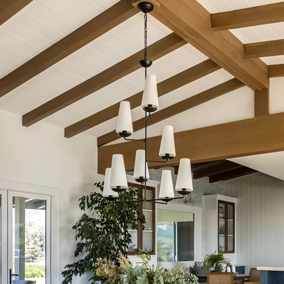 VertiFount Vertical Cascading Chandelier - Multi-Level Linen Shades For Stairwells & Vaulted Ceilings K1199