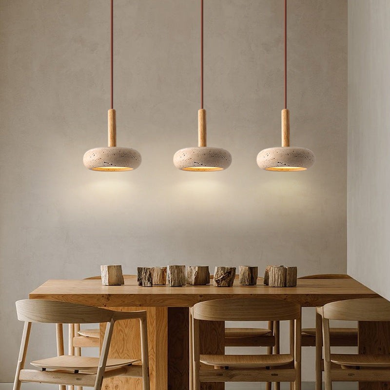 Traditional Japanese Round Wood Travertine Pendant Light K882
