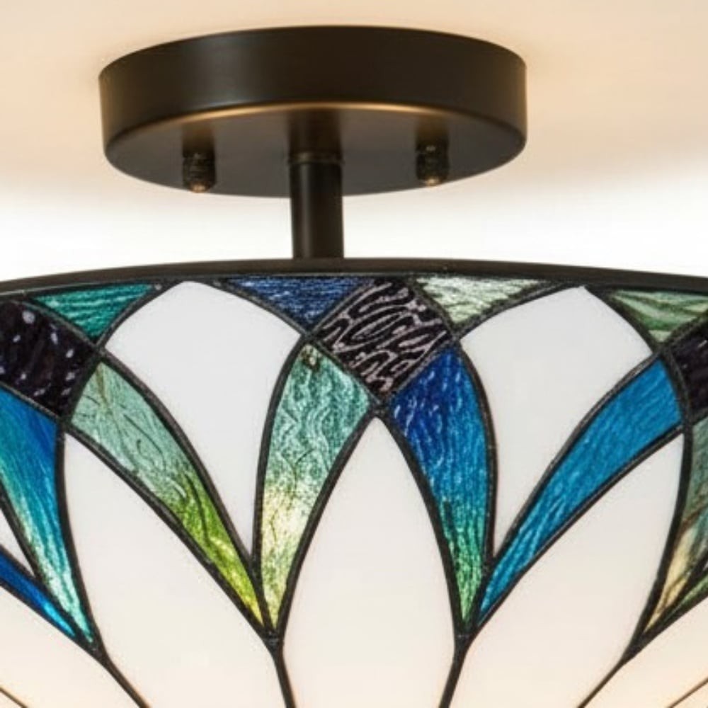 TF Allanton Tiffany Semi Flush Ceiling Light - Art Nouveau Patterned Shade for Living or Dining K1977