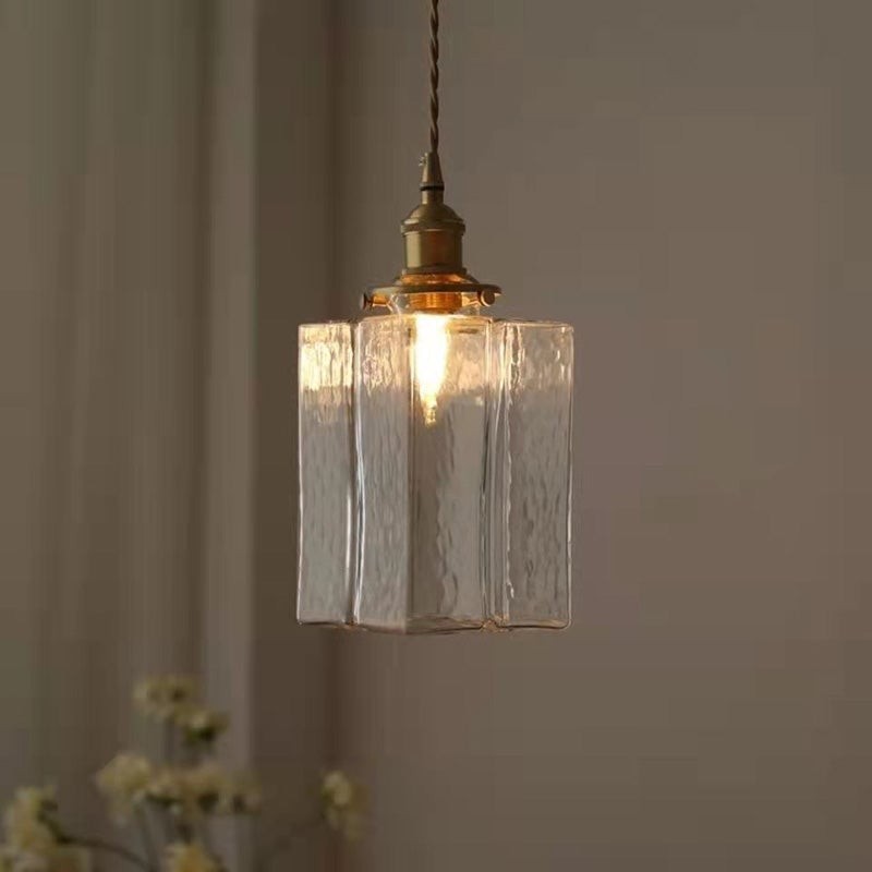 Traditional Vintage Square Rectangle Ripple Glass Iron 1-Light Pendant Light For Living Room K1282