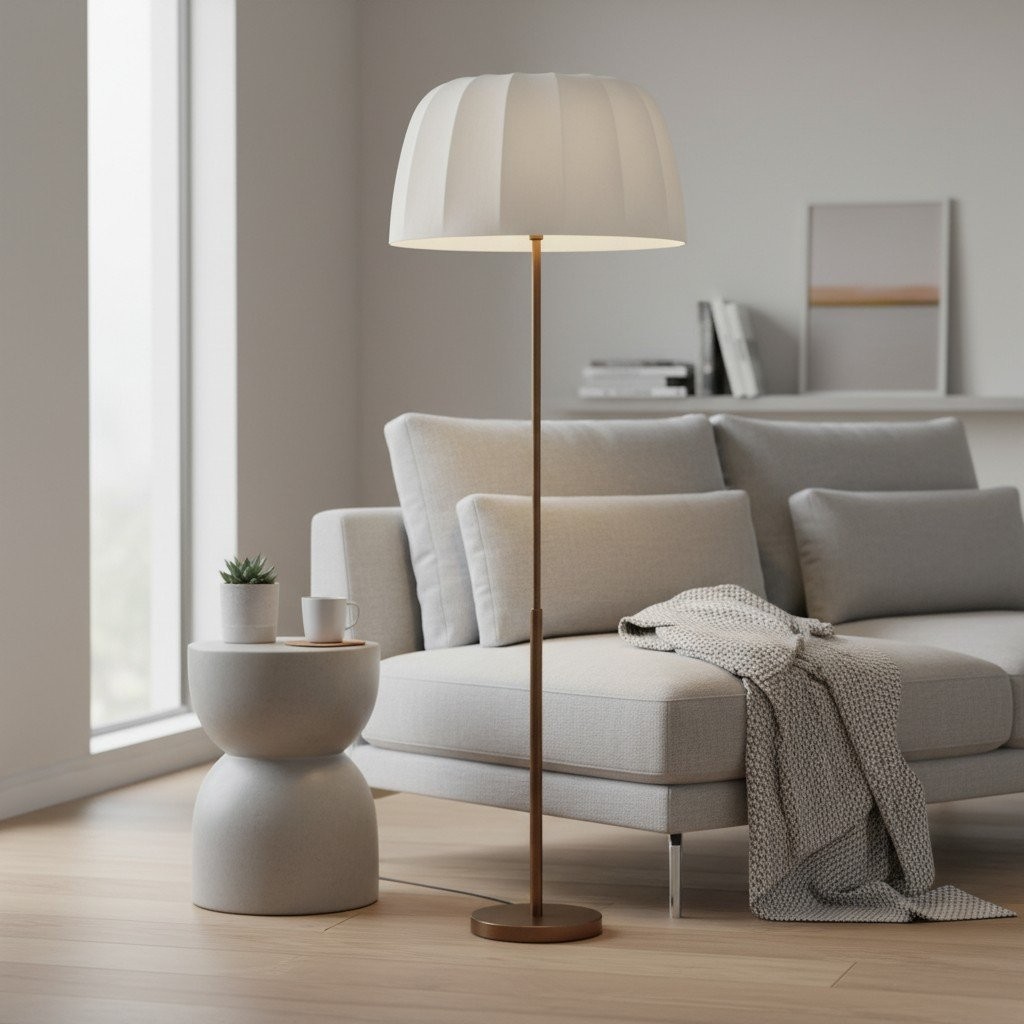 Vellaro Brass Floor Lamp with Fabric Shade - Modern Standing Light for Living Room or Bedroom K1642