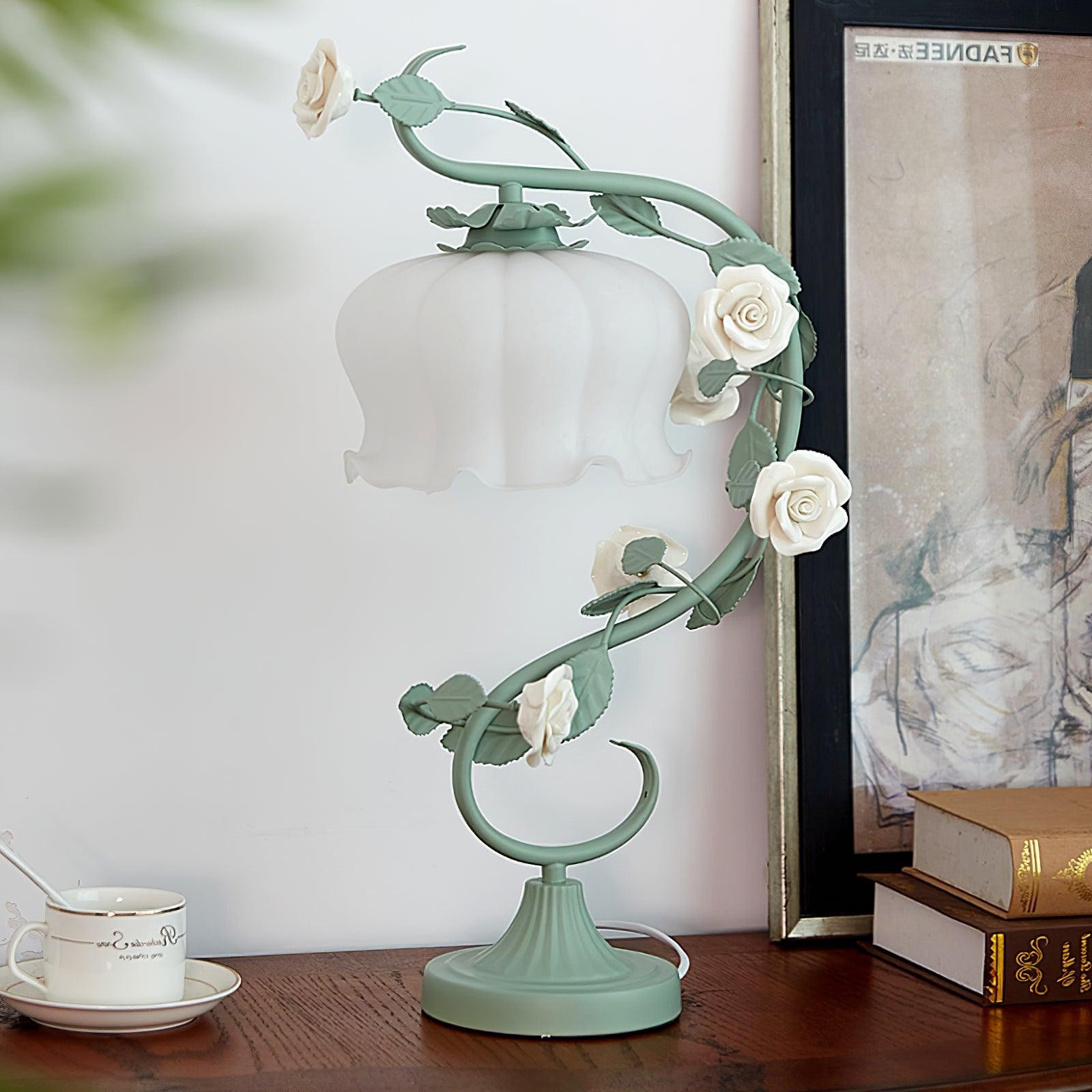 Green Pink White Rose Flower Table Lamp K640