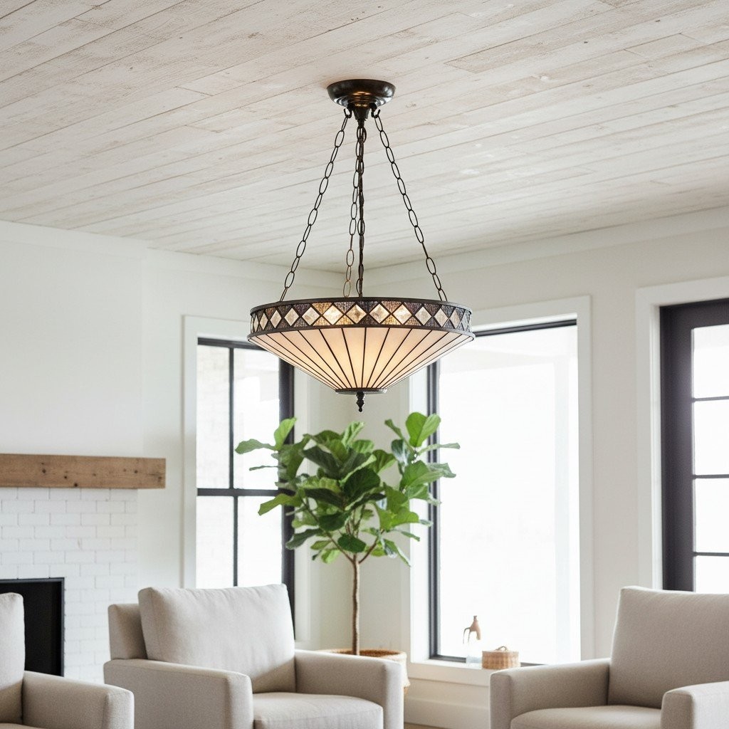 TF Fargo Adjustable Pendant Light with Stained Glass Inspired Inverted Shade for Island and Dining K1950
