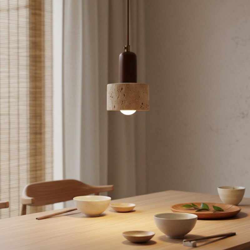 WabiLum Minimalist Japanese Travertine Wood Pendant Light - Elegant Home Lighting for Bedroom K2258