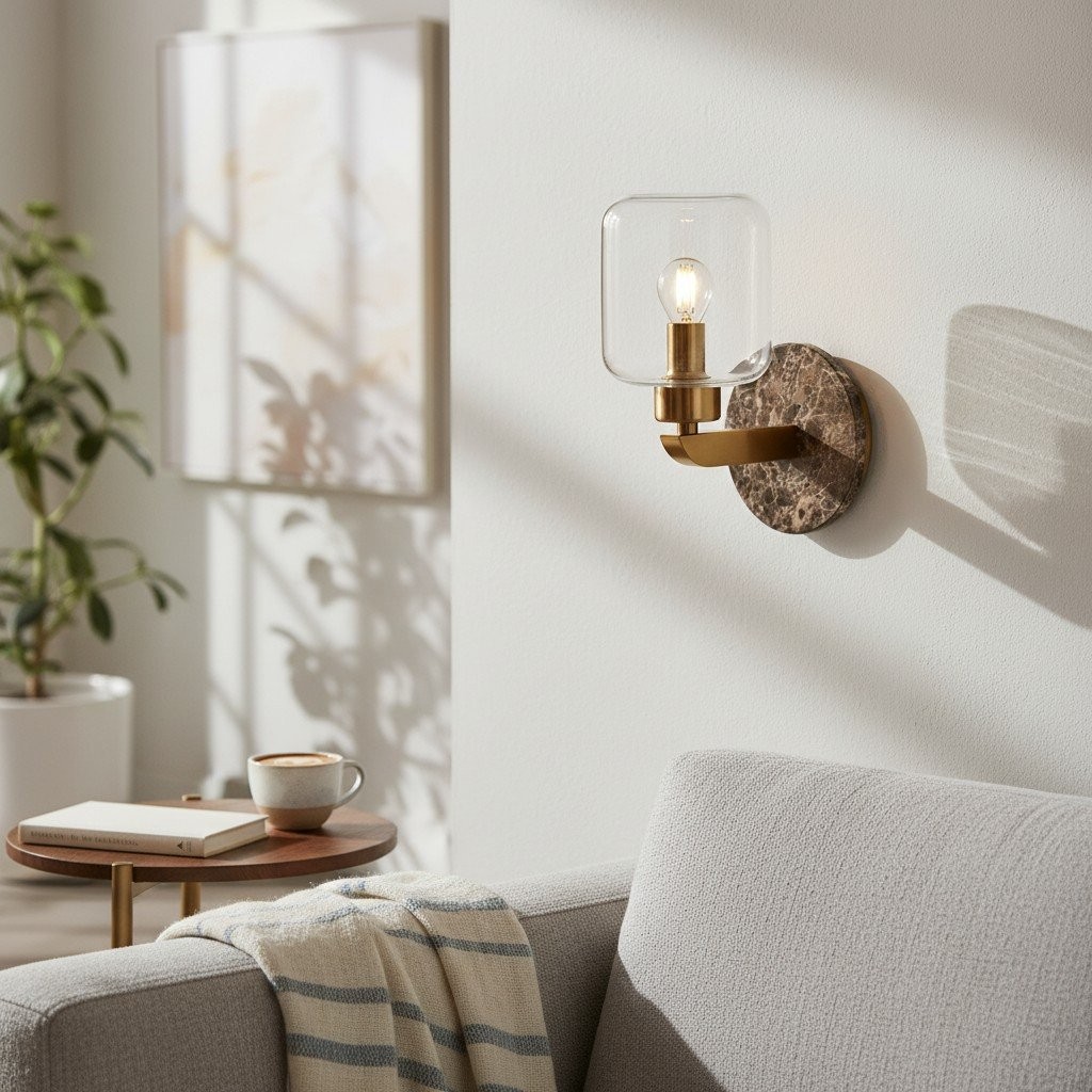 Korlisse Modern Marble Wall Light - Vintage Brass & Clear Glass Accent for Living Room and Hallway K1918