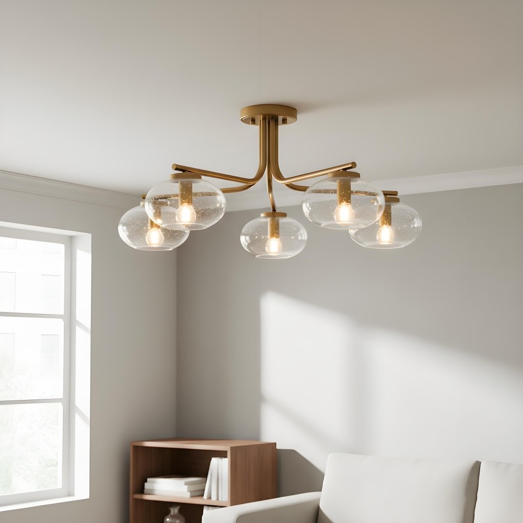 Bublaris Bubble-Glass Semi-Flush Ceiling Light - Curved Brass Arms for Living Room K1927