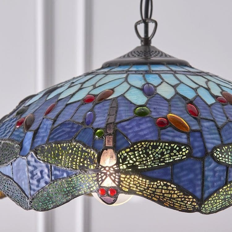 TF Dragonfly Tiffany Pendant Light - Art Nouveau Stained Glass Pendant for Living K1816