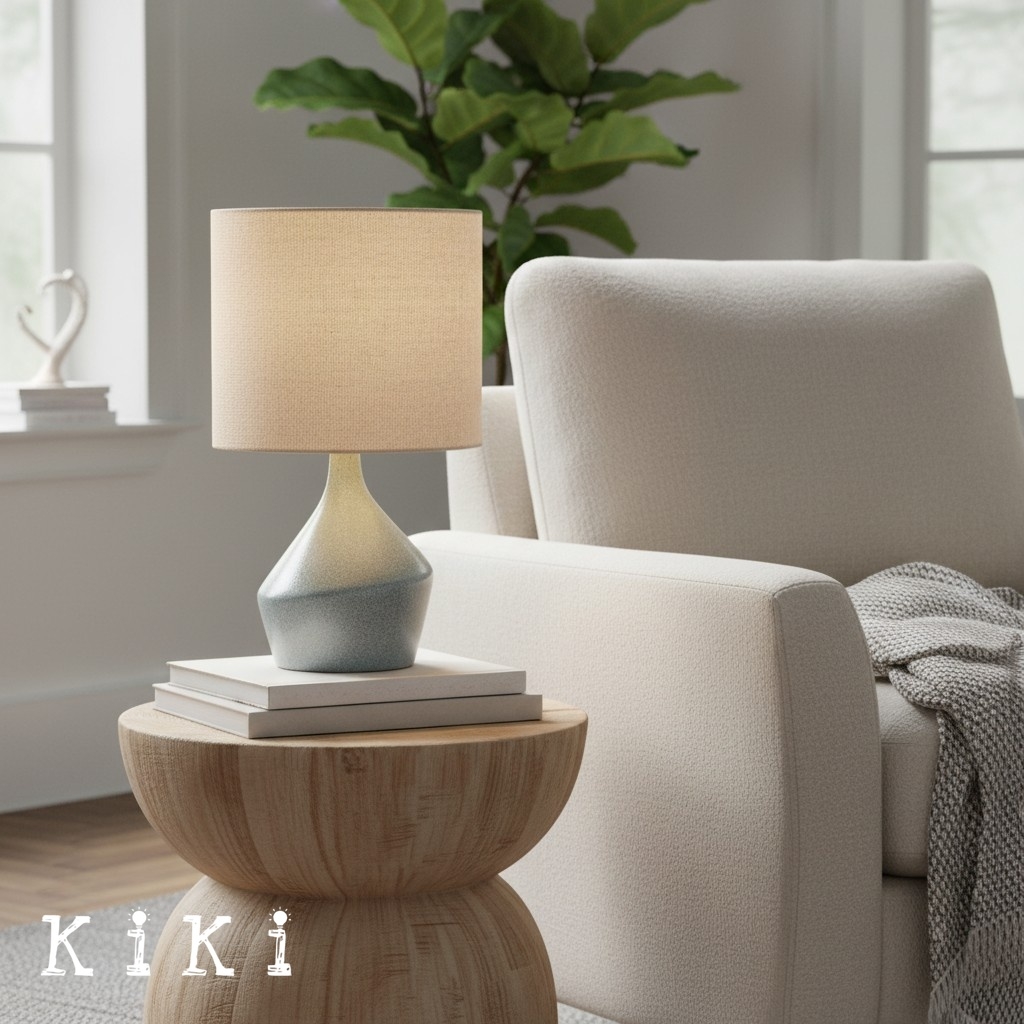 Lumo Modern Asymmetrical Ceramic Table Lamp - Cylinder Linen Shade for Living Room K2061