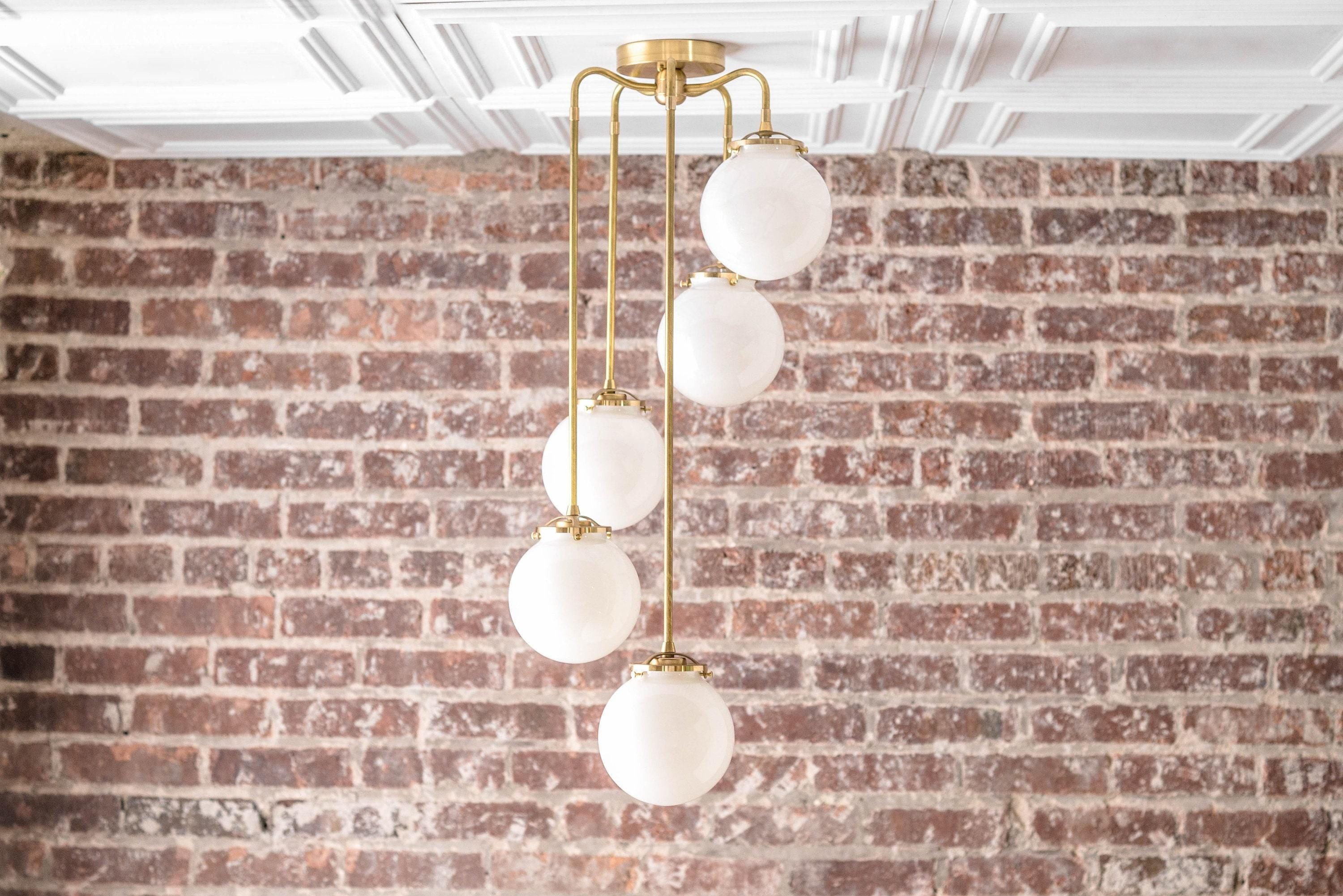Glorica Glass 5 Globe Chandelier - Brass and Opal Glass Vintage Pendant Light K1455